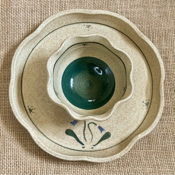 Other - Signed Art Pottery Chip And Dip Dish Bowl Speckled Tan Green Blue Floral Rustic
